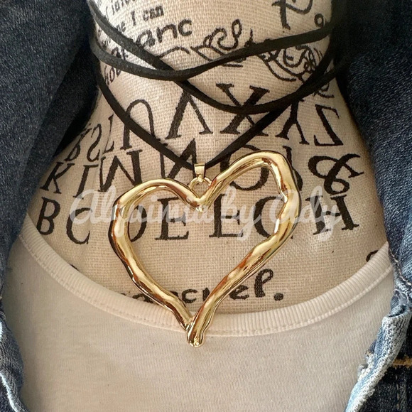 Big heart silhouette black suede cord wrap around choker necklace